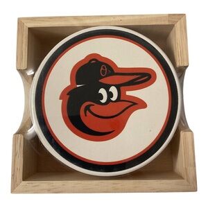 New BALTIMORE ORIOLES SGA Logo Ceramic Coasters Set of 4 w/ Wood Holder